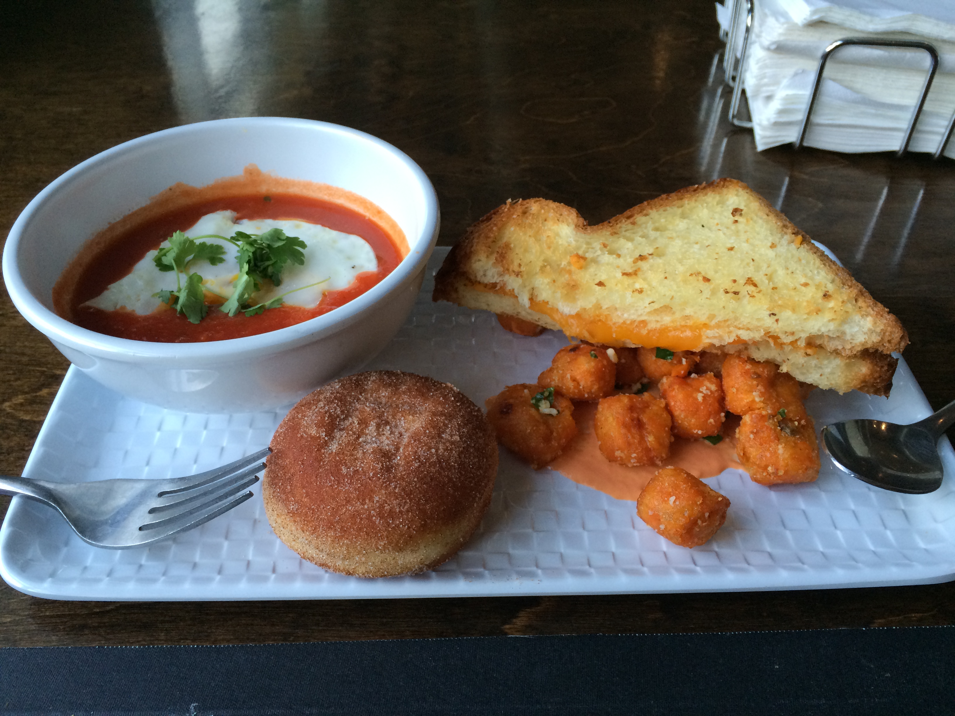 Grilled cheese with tomato soup and sweet potato tots